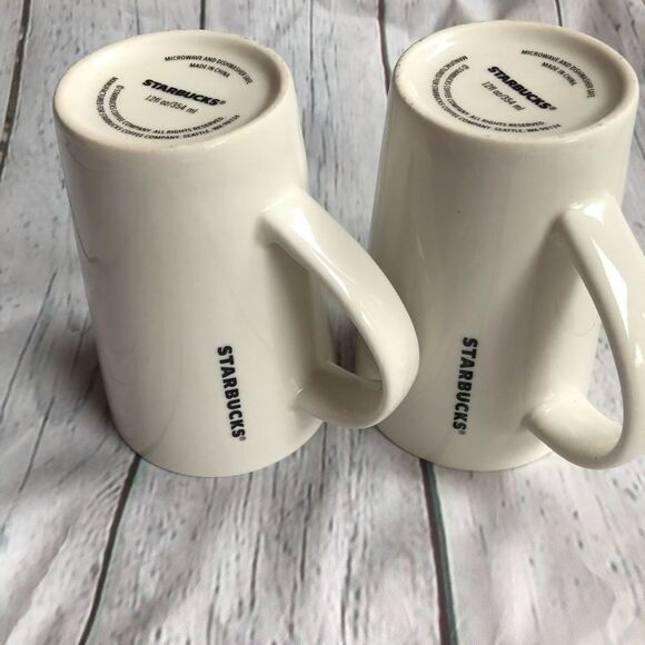 STARBUCKS 12OZ White Coffee Mug Black Logo Set Of 2 - Picture 3 of 6